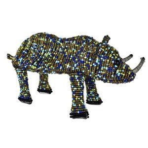 Beaded Rhinoceros Figurine Wire Colorful Blue Green Decorative